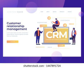 Homepage. The concept of customer relationship management. Business people are exploring transaction systems and customer base accounting on a laptop monitor. Landing Page.