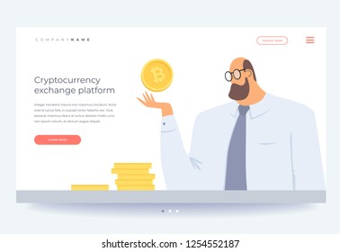 Homepage. Concept of investing in Cryptocurrency and Blockchain. Man holds  bitcoin symbol over his hand. Cryptocurrence exchange platform. Investments in future earnings. Vector flat illustration.
