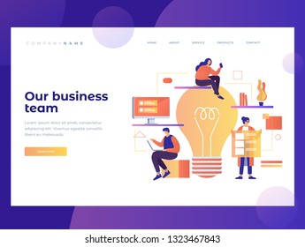 Homepage. The concept of teamwork on the Internet project in the office. Our business team. Landing Page. Name for the site. Vector illustration for web page.