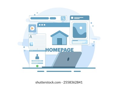 Homepage concept, web page design on laptop. working on website homepage development, optimization and setup. Modern flat cartoon style. Vector illustration on background.