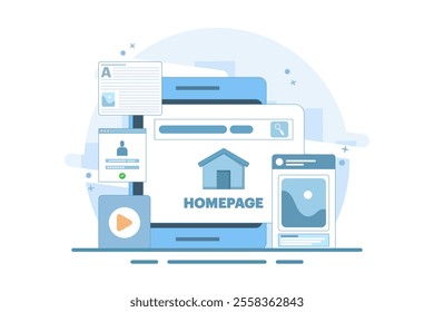 Homepage concept, web page design on laptop. working on website homepage development, optimization and setup. Modern flat cartoon style. Vector illustration on background.