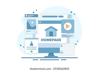 Homepage concept, web page design on laptop. working on website homepage development, optimization and setup. Modern flat cartoon style. Vector illustration on background.