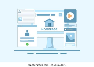 Homepage concept, web page design on laptop. working on website homepage development, optimization and setup. Modern flat cartoon style. Vector illustration on background.