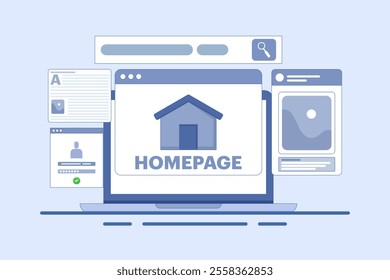 Homepage concept, web page design on laptop. working on website homepage development, optimization and setup. Modern flat cartoon style. Vector illustration on background.