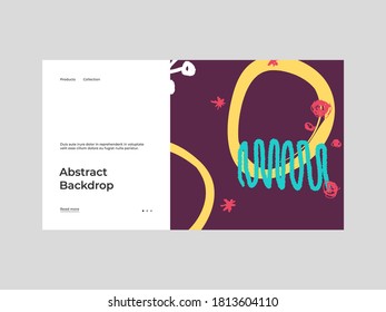 Homepage design with abstract illustration. Colorful lines, spots, dots and paint strokes. Decorative backdrop. Hand drawn texture, elements and shapes. Eps10 vector.	