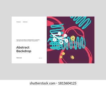 Homepage design with abstract illustration. Colorful lines, spots, dots and paint strokes. Decorative backdrop. Hand drawn texture, elements and shapes. Eps10 vector.	