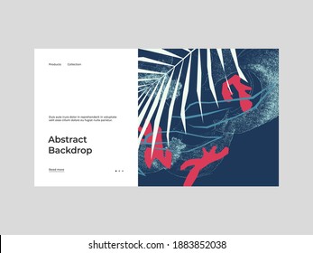 Homepage design with abstract illustration. Colorful leafs, spots, dots and paint strokes. Decorative wallpaper, backdrop. Hand drawn texture, decor elements and shapes. Eps10 vector.