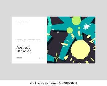 Homepage design with abstract illustration. Colorful geometric shapes composition. Decorative wallpaper, backdrop. Cosmic abstractionism. Eps10 vector.