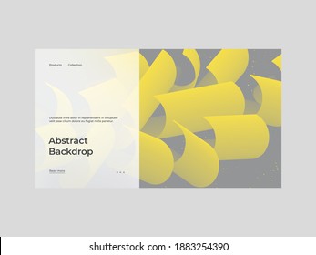 Homepage design with abstract illustration. Dynamic composition with trendy liquid fluid 3d shapes. Yellow and gray palette of 2021. Minimal backdrop, background. Eps10 vector illustration.