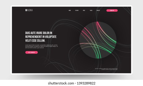Homepage design. Landing page. Modern abstract template with colorful lines on dark gray background. Gradient line. Shapes and shadows. Eps10 vector.