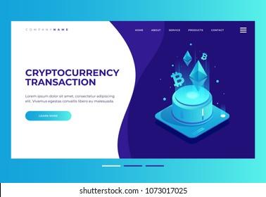 Homepage. Design template for Landing Page. Cryptocurrency and Blockchain concept. Farm for mining Ethereum. Digital money market, finance and trading. Isometric vector illustration.