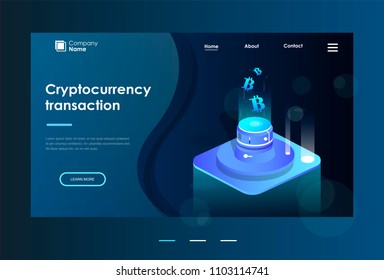 Homepage. Design template for Landing Page. Cryptocurrency and Blockchain concept. Farm for mining Bitcoin. Digital money market, finance and trading. Isometric vector illustration.