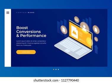 Homepage. Header for website. Concept of marketing technology. Optimization of website and search engines. Increasing conversion email, social media and content. Isometric vector illustration.