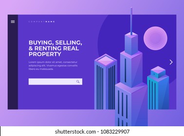 Homepage. Header for website and mobile website. Building and selling concepts. High-rise buildings against the sky. Commercial renting real property for your business. Isometric vector illustration.