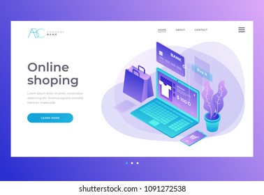 Homepage. Header for website and mobile website. Concept of online shop, online store. Transfer money from card. Isometric image of laptop and Bank card on blue background. 3d vector illustration.