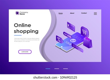 Homepage. Header for website and mobile website. Concept of online shop, online store. Transfer money from card. Isometric image of smartphone and Bank card on blue background. 3d vector illustration.