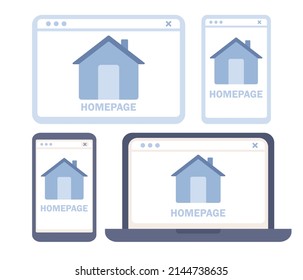 Homepage icon set. Website or app homepage development, optimization, setup. Vector flat illustration

