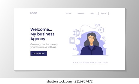 Homepage and landing page design template for your website. with llustration of a businesswoman