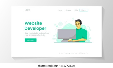 Homepage and landing page design template with a man on the desk with computer illustration in flat design character