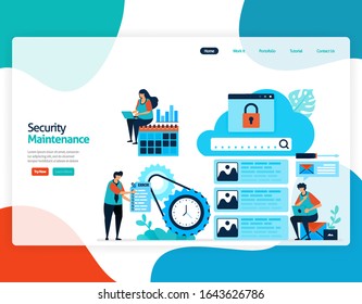 homepage landing page vector flat illustration of security maintenance. repair and maintenance of cloud storage technology. security system in digital backup database 