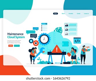homepage landing page vector flat illustration of maintenance cloud system. repair and maintenance of storage technology. security system in digital backup database.  