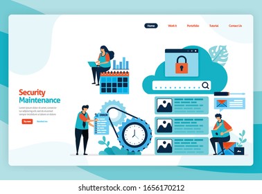 homepage landing page vector flat illustration of security maintenance. repair and maintenance of cloud storage technology. security system in digital backup database. web, flyer, website, mobile apps