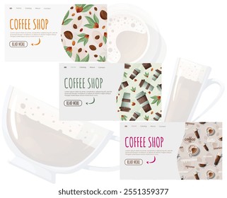 Homepage layout for a coffee shop or online coffee store. The design combines light backgrounds, natural coffee elements, and easy navigation with a focus on "Read More" buttons.

