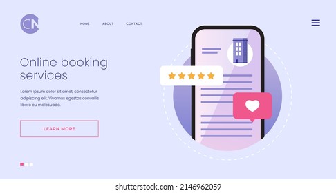 Homepage. Mobile app sign for online booking. Smartphone screen with hotel account. Symbol of real estate booking via the Internet. Landing Page. Vector illustration for a web page.