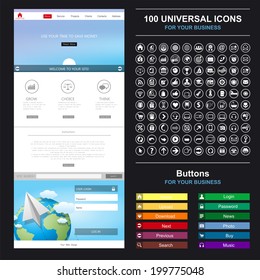 Homepage. A page website design template. Flat Web Design, set elements, buttons, icons, gui,  concept illustrations.