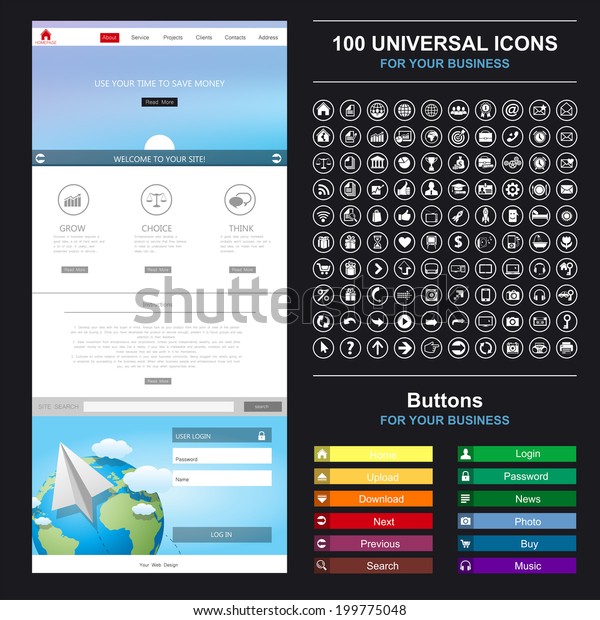 ホームページ ページウェブサイトデザインテンプレート フラットなウェブデザイン エレメント ボタン アイコン Gui コンセプトイラストを設定します のベクター画像素材 ロイヤリティフリー