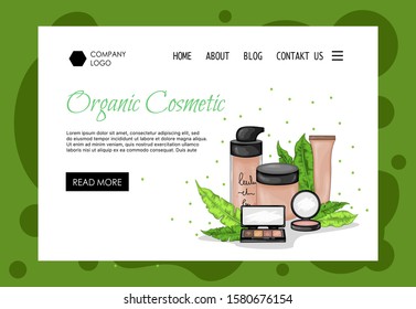 Homepage template for beauty salons, cosmetics stores with organic cosmetics. Cartoon style. Vector illustration