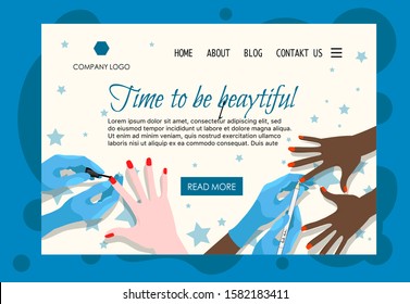 Homepage template for beauty salons, cosmetics stores with manicure flatlay. Cartoon style. Vector illustration