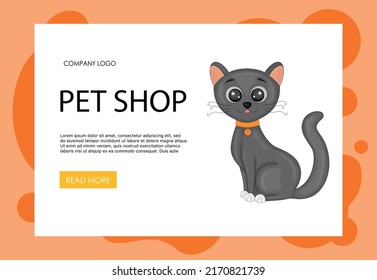 Homepage template for your site with cute cat. Cartoon style. Vector illustration