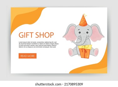 Homepage template for your site with cute elephant. Cartoon style. Vector illustration