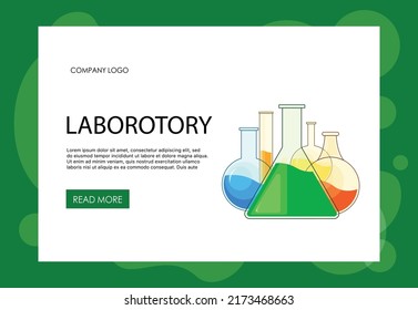 Homepage template for your site with laboratory flasks. Cartoon style. Vector illustration