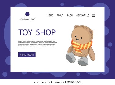 Homepage template for your site with teddy bear. Cartoon style. Vector illustration