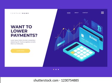 Homepage. Title for the website. Payment by crypto currency. Growth and income calculation. An isometric image of calculator, bank card and bitcoin sign on blue background. Vector illustration for web