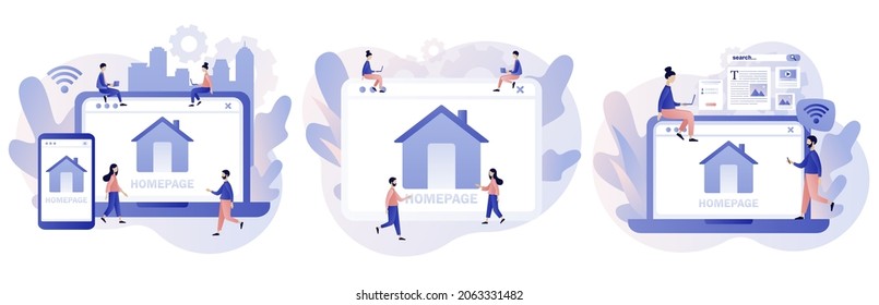 Homepage. Web page design on smartphone or laptop. Tiny people working on website homepage development, optimization, setup. Modern flat cartoon style. Vector illustration on white background