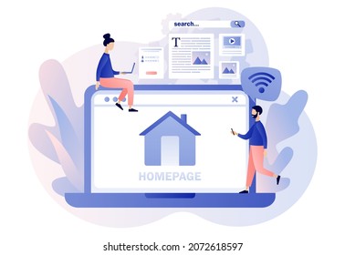 Homepage - web page design on laptop. Tiny people working on website homepage development, optimization, setup. Modern flat cartoon style. Vector illustration on white background