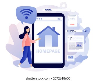 Homepage - web page design on smartphone. Tiny woman programmer working on website homepage development, optimization, setup. Modern flat cartoon style. Vector illustration on white background