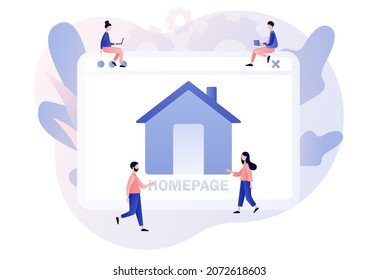 Homepage - web page design. Tiny people working on website homepage development, optimization, setup. Modern flat cartoon style. Vector illustration on white background