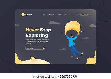 Homepage website dark mode template, A man flying exploration illustration 