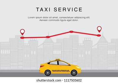 Homepage for website. Taxi service. Yellow taxi on city background. Flat vector illustration. Path with map pings