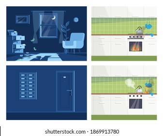 Homeplace accidents semi flat vector illustration set. Night darkly interior. Kitchen perspective with fire in oven and burning potholders 2D cartoon scenes collection for commercial use
