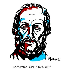 Homer engraved vector portrait with ink contours. Legendary author of the Iliad and the Odyssey, two epic poems that are the central works of ancient Greek literature.