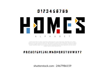Homes creative geometric modern urban alphabet font. Digital abstract futuristic, fashion, sport, minimal technology typography. Simple numeric vector illustration