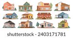 Homes and houses exteriors, isolated facades of buildings. Vector real estate property with modern and classic architecture. Cottage with garage and porch, village or city constructions