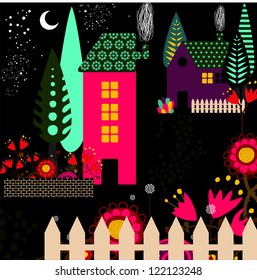 Homes illuminated by moonlight