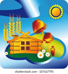 homes are located in the countryside in an open space enclosed by a fence  in the yard grow sunflowers in the sky, the sun is shining daisy