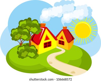 homes located in rural areas, open space in the yard growing shrubs and trees to the house is a path
